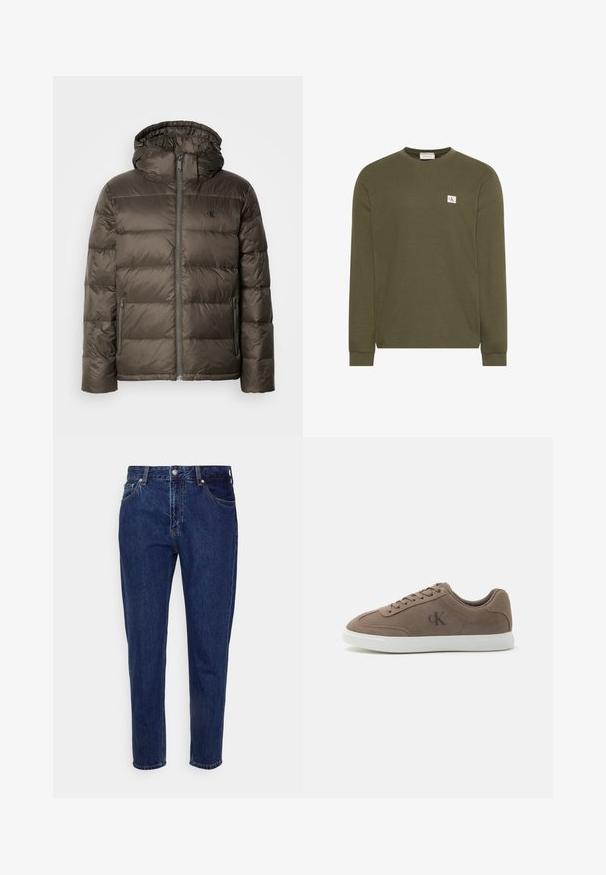 Veste marron matelassée avec capuche, présentant une fermeture éclair à l'avant, des poches latérales et un design matelassé. Le matériau semble léger et lisse.; Pull à manches longues vert olive avec texture côtelée et petit patch carré blanc avec logo rouge "cK" sur la poitrine.; Jean droit en denim bleu foncé avec fermeture à bouton et zip à l'avant, passants pour ceinture, poches avant et arrière.; Baskets basses en daim taupe avec lacets beiges, semelle en caoutchouc blanche et logo subtil "cK" sur le côté.