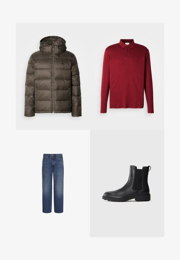 Gevoerde bruine jas met capuchon, voorzien van een ritssluiting aan de voorkant, zijzakken en een gestikte ontwerp. Het materiaal lijkt lichtgewicht en glad.; Langarm polo shirt in donkerrood, gemaakt van gladde katoenstof, met een kraag, drie knopen en een klein logo op de borst.; Blauwe jeans met hoge taille en rechte pijpen, met knoop en rits aan de voorkant, riemlussen en voor- en achterzakken.; Zwarte leren enkelboot met elastische zijpanelen, trekhaak op de hiel en een lage blokzool tegen een effen achtergrond.
