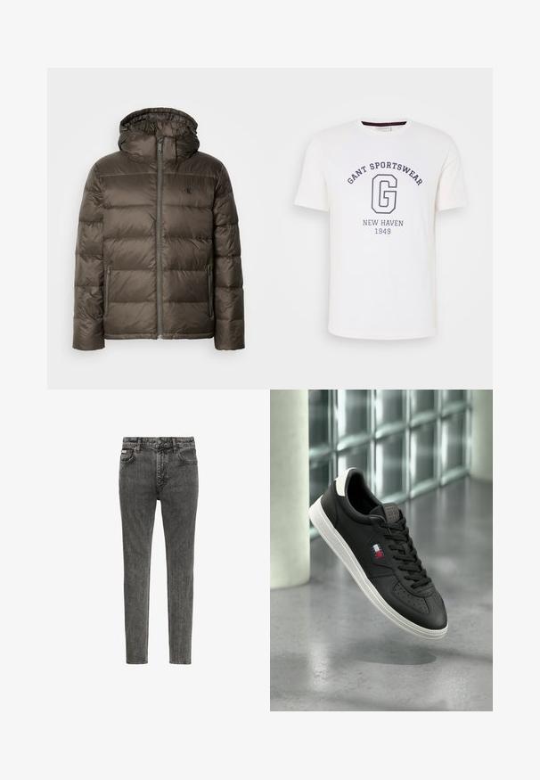 Polstret brun jakke med hætte, der har en frontlynlås, sidelommer og et quiltet design. Materialet ser let og glat ud.; Hvid bomulds T-shirt med rund halsudskæring, korte ærmer og mørkeblå trykt tekst: "GANT SPORTSWEAR," "NEW HAVEN," og "1949."; Slim-fit, falmet sort denim jeans med fem lommer, bæltestropper og knaplukning ved taljen, vist forfra på en hvid baggrund.; Sort lavt snøresko med hvid sål og rød, hvid og blå logo, vist over en reflekterende grå gulv nær glasblokke.