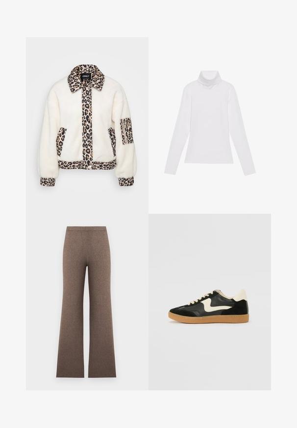 Witte fleece jas met luipaardprint accenten op de kraag, het voorpand, de zakken en de boorden. Kenmerkt zich door een knoopsluiting en een ontspannen pasvorm.; Witte lange mouw turtleneck top gemaakt van glad, elastisch materiaal. Voorzien van een hoge kraag en een getailleerd ontwerp, zonder zichtbare patronen of versieringen.; High waist bruine gebreide broek met brede pijpen en een geribde elastische tailleband, plat gelegd tegen een lichte achtergrond.; Zwarte suède en leren sneaker met een crèmekleurige zij-swoosh en lichte crèmekleurige hiel. Voorzien van beige veters en een gumrubberen zool.