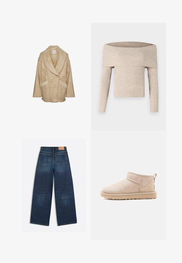 Veste en shearling beige avec un large col, fermeture à boutons et poches latérales. Présente un tissu texturé et des accents en shearling contrastés.; Pull beige en maille côtelée à manches longues et épaules dénudées, avec un large col rabattable et une silhouette cintrée.; Jean denim bleu foncé à jambes larges avec deux poches arrière et une étiquette en cuir marron à la ceinture.; Bottine beige en daim avec semelle plate, coutures visibles et languette à l'arrière sur un fond blanc uni.