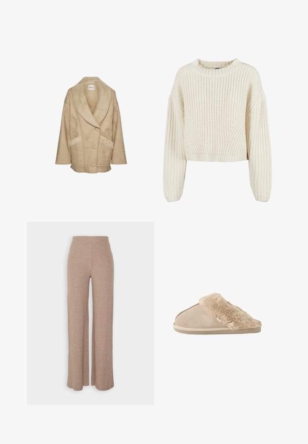 Beige schapenleren jacket met een brede kraag, knoopsluiting en zijzakken. Heeft een textuurtstof en contrasterende schapenleren accenten.; Chunky gebreide crèmekleurige trui met een ronde halslijn, brede mouwen, geribbelde manchetten en een textuurpatroon. Verkorte stijl.; Beige geribbelde wijde broek met een hoge tailleband en zachte textuur, met een losse pasvorm en zonder zichtbare sluitingen.; Beige instappantoffel met zachte suède buitenkant en een zachte, pluizige voering en boord, ontworpen voor binnencomfort.