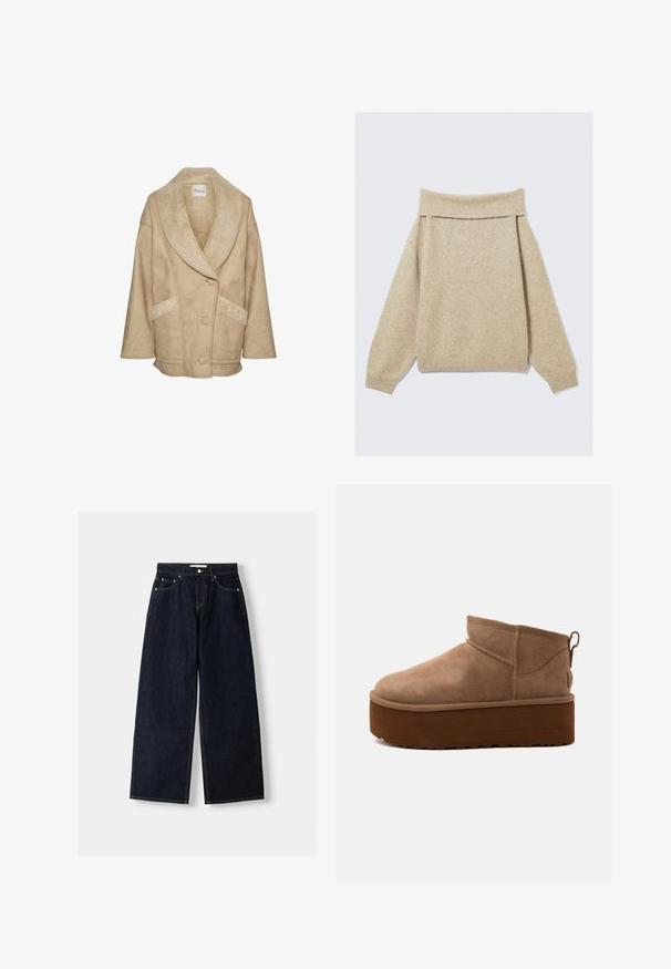 Veste en shearling beige avec un large col, fermeture à boutons et poches latérales. Présente un tissu texturé et des accents en shearling contrastés.; Pull beige décontracté à épaules nues fabriqué en tissu tricoté doux. Présente un large col côtelé et des épaules tombantes. Tissu texturé avec légère variation.; Jean large en denim bleu foncé à taille haute, avec cinq poches, des coutures contrastées et des éléments en métal argenté. Texture lisse et finition soignée.; Bottine marron en daim de hauteur moyenne, style slip-on, avec une semelle épaisse compensée et un onglet à l’arrière sur fond clair.