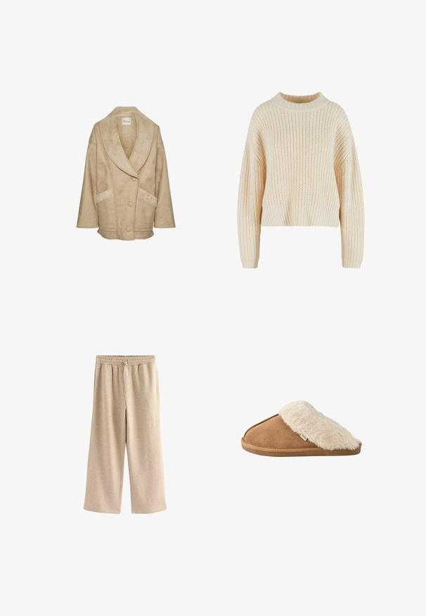 Beige schapenleren jacket met een brede kraag, knoopsluiting en zijzakken. Heeft een textuurtstof en contrasterende schapenleren accenten.; Crèmekleurige gebreide trui met een hoge geribde kraag, brede mouwen en een textuurpatroon over het gehele kledingstuk. Verkorte stijl met een geribde zoom.; Crème-kleurige wijde broek gemaakt van een zachte katoenmix. Heeft een elastische tailleband met trekkoord en een subtiele gespikkelde textuur.; Bruine instapslipper met zachte beige nep bont voering en zool, zijkant gezien op witte achtergrond.