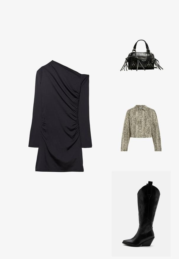 Veste courte en imprimé serpent, avec un schéma de couleurs beige et noir, fermeture à boutons sur le devant, col pointu et manches longues.; Robe noire avec un design une épaule, manches longues et texture froncée sur le côté. Fabriquée en tissu doux et extensible.; Botte de cowboy en cuir noir avec bout pointu, talon bloc incliné, couture décorative et languettes en haut sur fond blanc.; Sac à main en cuir noir avec poignées tressées, surface texturée, poche frontale zippée et accents de franges décoratives. Forme compacte et structurée.