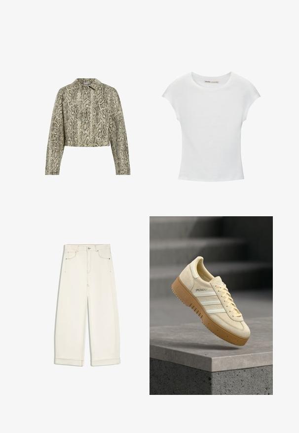 Korte jas met slangenprintpatroon, in een beige en zwarte kleurencombinatie, met knoopsluiting aan de voorkant, puntige kraag en lange mouwen.; Witte katoenen T-shirt met korte, opgerolde mouwen, een ronde halslijn en een rechte zoom. Gladde textuur zonder zichtbare patronen of accenten.; Off-white wijde cropped broek met knoop aan de voorkant, rits, twee voorzakken en zichtbare bruine stiksels.; Beige suède sneaker met gumzool, witte strepen en "SPEZIAL" branding, zwevend boven een grijs trapvormig betonnen oppervlak.
