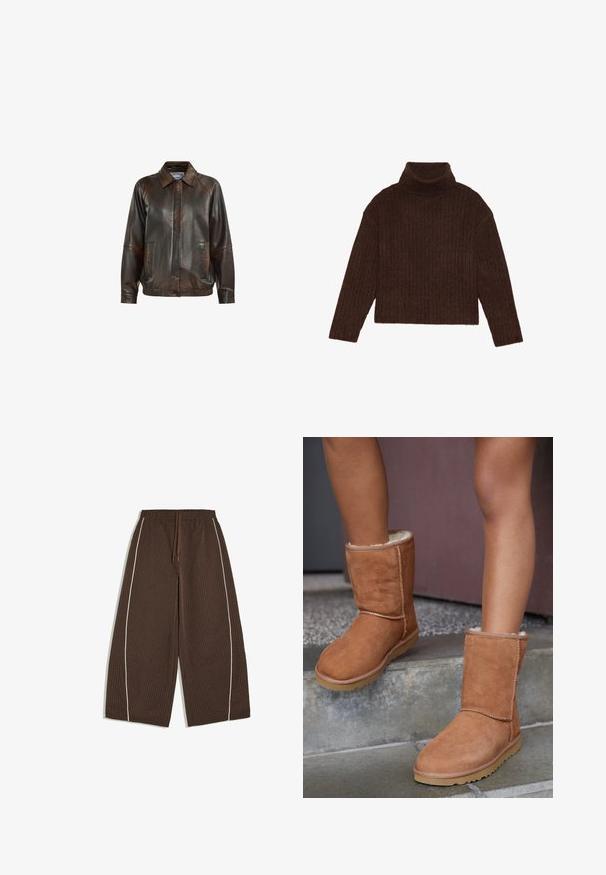 Veste en cuir marron avec un col, fermeture éclair à l'avant, deux poches latérales et une taille côtelée, avec une texture lisse.; Pull en maille côtelée marron à col roulé, avec des manches longues et une silhouette courte, présentant un design de tricot épais et texturé.; Pantalon ample marron à carreaux avec taille élastique, cordon, jambes larges et passepoil blanc vertical le long des coutures extérieures.; Bottines en suede marron, à bout rond, avec une doublure douce et une semelle en caoutchouc, présentant des détails de couture visibles le long des coutures.