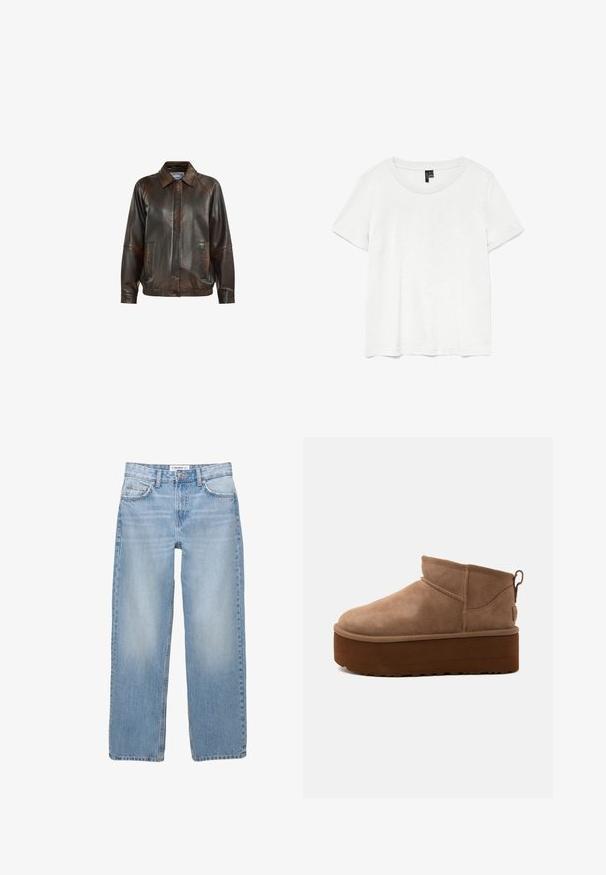 Veste en cuir marron avec un col, fermeture éclair à l'avant, deux poches latérales et une taille côtelée, avec une texture lisse.; T-shirt blanc à manches courtes avec un col rond, fabriqué en tissu léger. Design simple, texture lisse et ourlet droit.; Jean en denim bleu clair avec une coupe droite, style cinq poches et des détails de couture visibles. Le tissu a une texture douce et légèrement décolorée.; Bottine marron en daim de hauteur moyenne, style slip-on, avec une semelle épaisse compensée et un onglet à l’arrière sur fond clair.