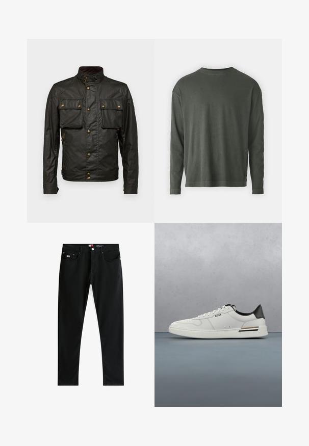 Dunkelgrüne gewachste Baumwolljacke mit hohem Kragen, goldenen Beschlägen, zwei Brusttaschen und einer Reißverschlusstasche an der Seite. Glatte Textur, robustes Design.; DRYKORN MARRIO - Langarmshirt - grey; Schwarze Slim-Fit-Jeans mit fünf Taschen, Metallknopf, Reißverschluss und kleinem Tommy Hilfiger Flaggenlogo auf der rechten Vorderhose.; Weißer Sneaker mit niedrigem Schnitt und schwarzer Ferse, Schnürverschluss, dezenten Perforationen und "BOSS"-Logo an der Seite, gezeigt von der äußeren Seitenansicht.