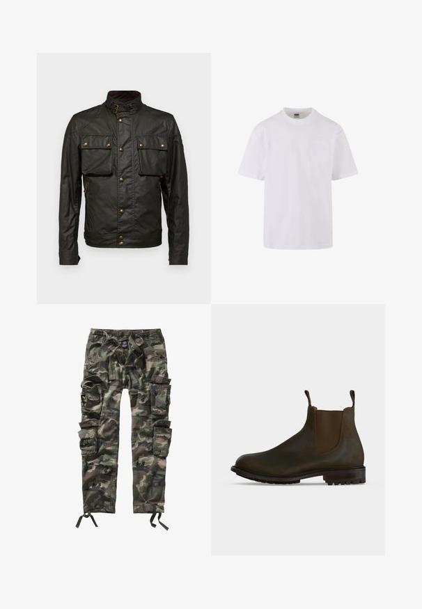 Mørkegrøn vokset bomuldsjakke med høj krave, gyldent hardware, to brystlommer og en lynlåslomme på siden. Glat tekstur, robust design.; Hvid kortærmet t-shirt lavet af bomuld, med en rund halsudskæring og en enkelt lomme på venstre side af brystet.; Kamuflage cargo bukser i forskellige nuancer af grøn og brun. Har flere store lommer, snoretræk i taljen og en afslappet pasform.; Mørkebrune læder Chelsea-støvler med elastiske sidepaneler, trækflapper ved anklen og en grovmønstret gummisål.