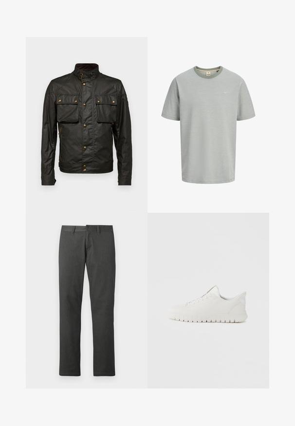 Mørkegrøn vokset bomuldsjakke med høj krave, gyldent hardware, to brystlommer og en lynlåslomme på siden. Glat tekstur, robust design.; Lysgrå kortærmet t-shirt med rund hals og lille logotekst på venstre bryst, vist på hvid baggrund.; Mørkegrå denimbukser med lige ben, der har lukning med knapper, bæltestropper og en subtil tekstur. Ingen synlige mønstre eller detaljer.; Hvide lædersneakers med en rund tå, minimalistisk design og en tekstureret gummisål med lodrette riller. Snørelukning.
