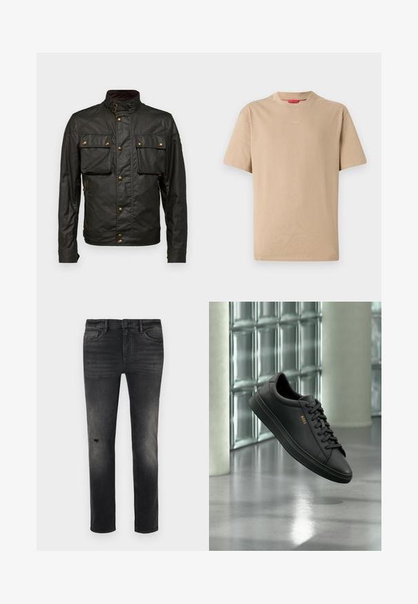 Mørkegrøn vokset bomuldsjakke med høj krave, gyldent hardware, to brystlommer og en lynlåslomme på siden. Glat tekstur, robust design.; Beige bomulds T-shirt med korte ærmer, rund halsudskæring og subtilt "HUGO" logo i midten. Glat overflade, afslappet pasform.; Smalfittede sorte denim jeans med falmede områder, let slid nær knæet, fem lommer og standard knap- og lynlås-lukning.; Sort lavtopet lædersneaker med sorte snørebånd og gyldent BOSS-logo på siden, svævende over en blank grå gulv i et moderne indendørs rum.