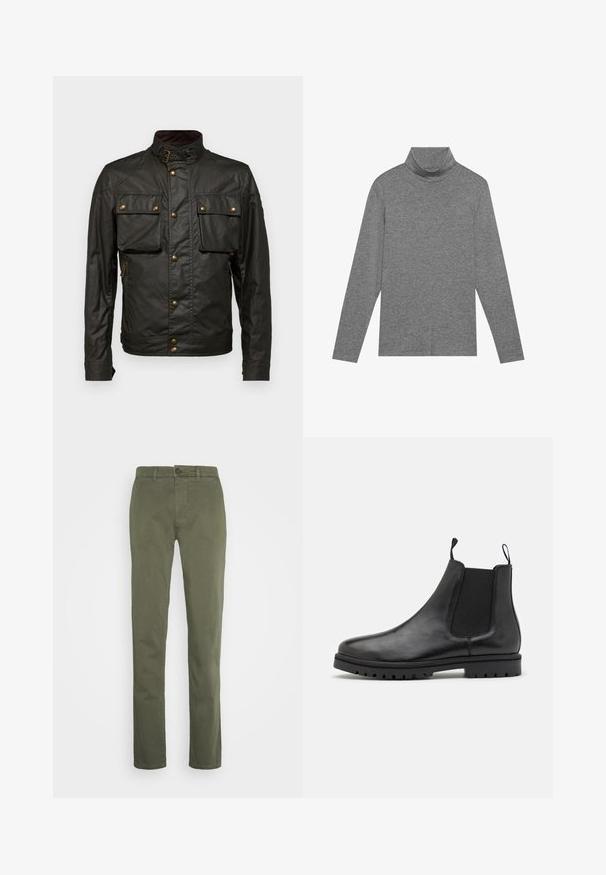 Mørkegrøn vokset bomuldsjakke med høj krave, gyldent hardware, to brystlommer og en lynlåslomme på siden. Glat tekstur, robust design.; Grå turtleneck langærmet skjorte lavet af blødt stof. Har en høj krave og tætsiddende ærmer, med en glat tekstur og et enkelt design.; Olivengrønne bomuldsbukser med lige ben, der har lynlås i front, skrå lukning med knap og forlommer. Glat tekstur uden mønstre.; Sorte læder Chelsea støvler med elastiske sidepaneler, trækkemærker og en struktureret gummisål med et slidbane mønster.