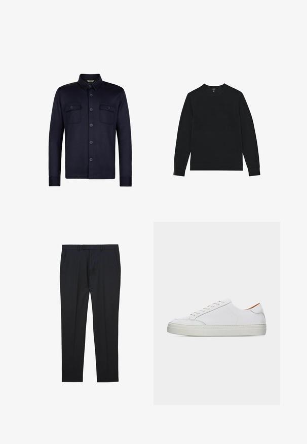 Marineblå skjorte med lange ærmer og to brystlommer. Lavet af et glat stof med krave og mørke knapper.; Sort bomulds-sweatshirt med lange ærmer, rund hals og ribbede mansjetter. Glat tekstur, minimalistisk design uden mønstre eller dekorationer.; Sorte formelle bukser med bæltestropper, forlommer og lige ben på hvid baggrund.; Hvid lavtop lædersneaker med snørelukning, tyk sål og minimal syningsdetalje på en ensartet lys baggrund.