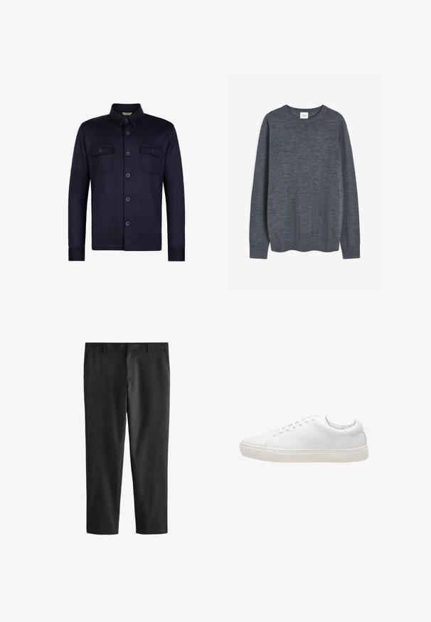 Marineblå skjorte med lange ærmer og to brystlommer. Lavet af et glat stof med krave og mørke knapper.; Mørkegrå strikket sweater med rund hals, lange ærmer og en blød tekstur. Har en lige søm og et minimalistisk design.; Sorte, skræddersyede bukser lavet af et let, struktureret stof. Har flad front, bæltestropper og sidelommer.; Hvide lædersneakers med en glat overflade, rund tå, snørebåndslukning og flad gummisål. Minimalistisk design uden synlige mønstre.