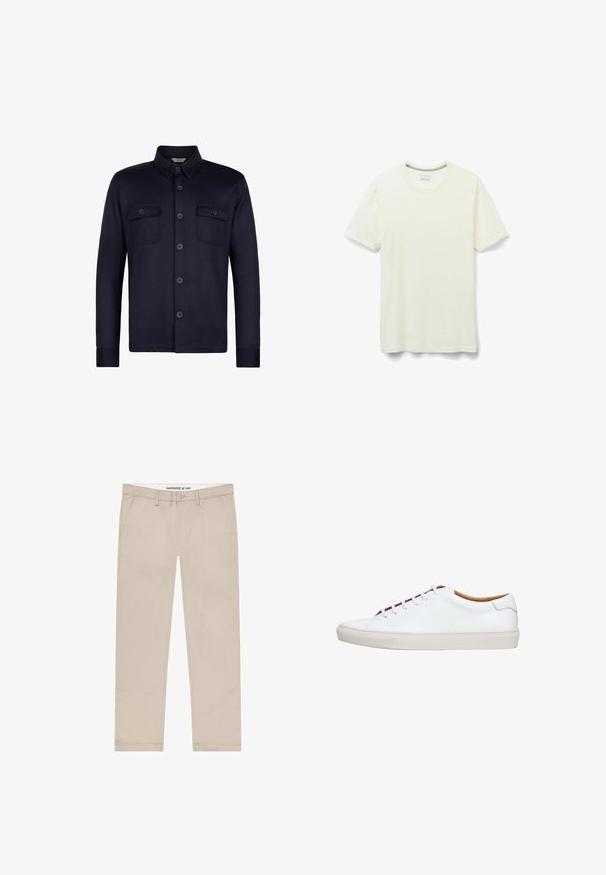 Marineblå skjorte med lange ærmer og to brystlommer. Lavet af et glat stof med krave og mørke knapper.; IUMAN Intimissimi WARM STRETCH SHORT-SLEEVE - T-shirts basic - white; Beige chinos lavet af bomuldsblandet stof, med lige ben, forlommer og knaplukning i taljen.; Hvid lædersneaker med en tekstureret gummisål, rund tå og kontrasterende tanfarvet inderside. Har fem snørehuller og hvide snørebånd.