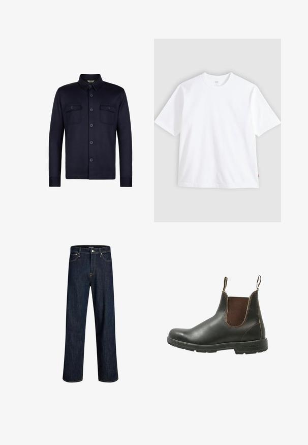 Marineblaue Hemdbluse mit langen Ärmeln und zwei Brusttaschen. Hergestellt aus einem glatten Stoff mit einem Kragen und dunklen Knöpfen.; Weißes kurzärmeliges T-Shirt aus Baumwolle mit Rundhalsausschnitt und geradem Schnitt. Etikett sichtbar am unteren Seiten Saum.; Dunkelblaue Jeans aus Denim mit geradem Bein, genäht mit kontrastierendem goldenen Faden, ausgestattet mit fünf Taschen und einem vorderen Knopfverschluss.; Chelsea-Boots aus glattem schwarzem Leder mit braunen elastischen Seitenteilen, kontrastierenden Nähten und einer strukturierten Gummisohle.