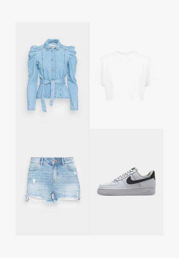 Lyseblå denimjakke med puffede ærmer, bælte i taljen, fem knapper og en struktureret krave. Har detaljeret syning og en tætsiddende pasform.; Hvid cropped t-shirt, korte ærmer, rund halsudskæring, lavet af blødt stof, uden synlige mønstre eller distinkt hardware.; Denimshorts i lyseblå med en distressed finish, frynset kant og klassisk fem-lomme design. Har en metal knaplukning.; Hvide lædersko med grå accenter, rund tå, tekstureret overflade, polstret krave og kontrasterende sort swoosh-logo. Luftdæmpende sål.