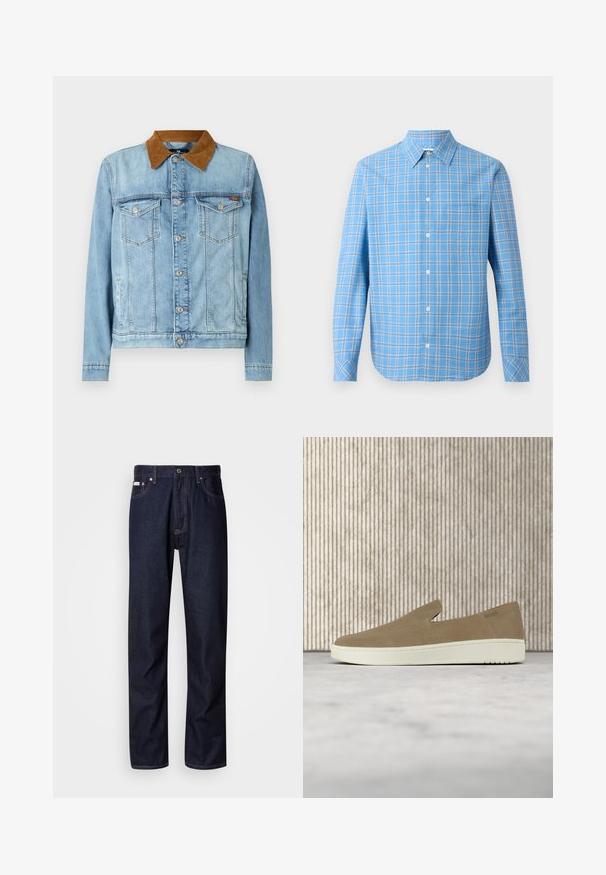 Veste en denim bleu clair avec un col en velours cordé marron, deux poches poitrine, fermeture à boutons et manches longues. Texture légèrement délavée.; Chemise à carreaux bleu clair à manches longues, col classique et poche poitrine unique. Présente des accents de grille blancs et noirs.; Jean en denim bleu foncé avec une coupe droite, présentant une braguette à boutons, cinq poches et des détails de coutures contrastantes.; Chaussure beige sans lacets avec semelle blanche, présentée en suspension sur un tapis clair avec un mobilier transparent de couleur ambre en arrière-plan.