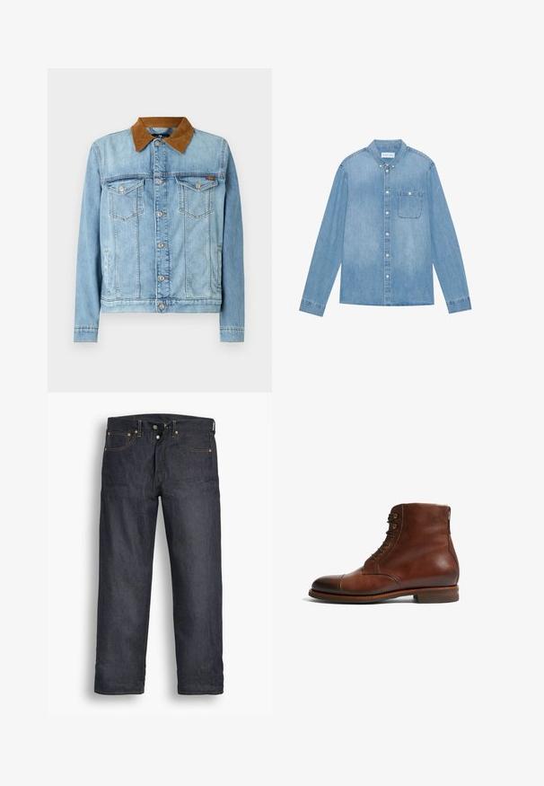Lyseblå denimjakke med brunt fløjlskrage, to brystlommer, knaplukning og lange ærmer. Let falmet struktur.; Lys blå denim skjorte med knapper, lange ærmer, spids krave, en enkelt brystlomme og subtil falmning på stoffet.; Mørkeblå denimjeans med lige ben-design, der har orange syninger, klassisk fem-lomme stil og knaplukning.; Brune læder ankelstøvler med en rund tå, 6 øjer og en glat tekstureret overflade. Har en lav stablet hæl og kontrasterende syning.