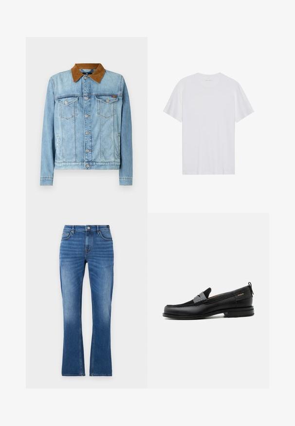 Lyseblå denimjakke med brunt fløjlskrage, to brystlommer, knaplukning og lange ærmer. Let falmet struktur.; Hvid bomulds T-shirt med korte ærmer, rund hals og en glat tekstur. Har minimal branding på halsudskæringen.; Mellemblå denim flared jeans. Har fem lommer, syede detaljer, knaplukning og en let falmet tekstur på benene.; Sort læderloafer med grå remdetalje, lav hæl og tekstureret sål, mærket med "HUGO" i guld på siden.