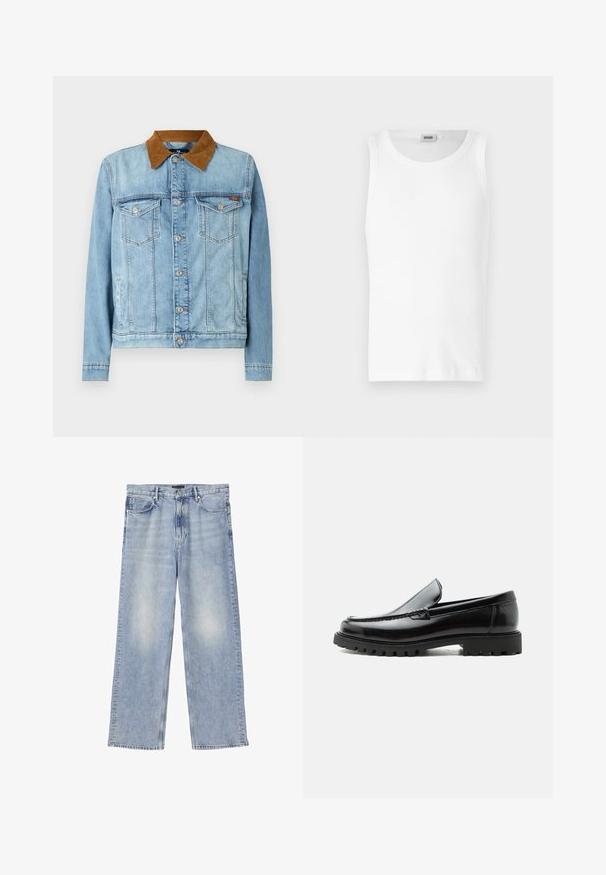 Lyseblå denimjakke med brunt fløjlskrage, to brystlommer, knaplukning og lange ærmer. Let falmet struktur.; Hvid bomulds tanktop uden ærmer med rund halsudskæring og en glat tekstur. Enkel design, ingen mønstre eller accenter.; Lyseblå straight-leg denimjeans med fem lommer, bæltestropper og knaplukning.; Sort læderloafer med chunky gummisål, syet overdel og præget mærkenavn på hælen, vist i sideprofil på hvid baggrund.