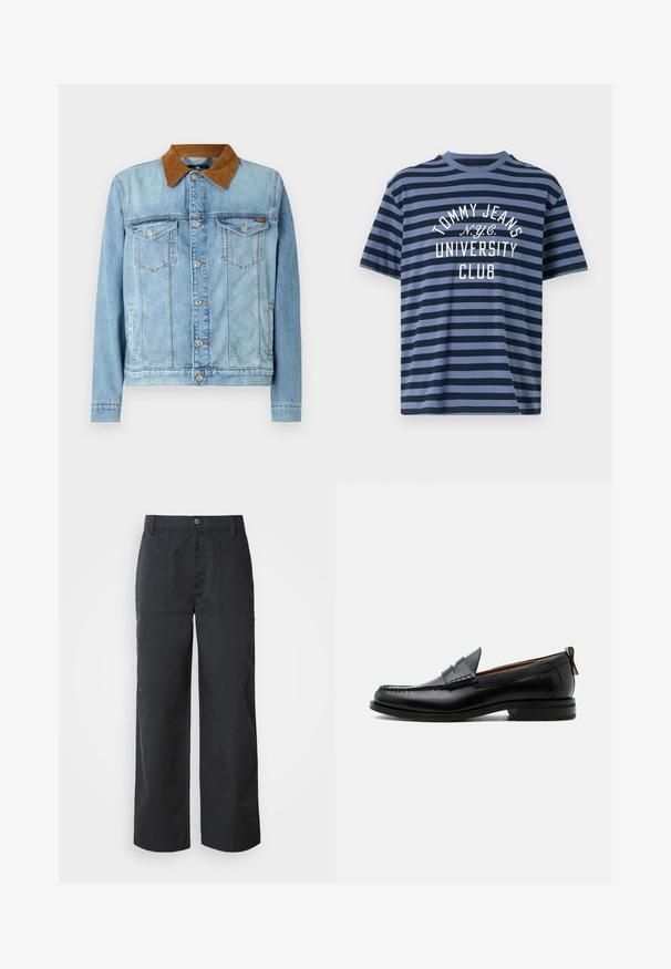 Veste en denim bleu clair avec un col en velours cordé marron, deux poches poitrine, fermeture à boutons et manches longues. Texture légèrement délavée.; Tommy Jeans STRIPE TEE - T-shirt imprimé - dark night navy/blue moment; Pantalon à jambes larges en tissu de coton bleu marine foncé, avec poches plaquées à l'avant et fermeture par bouton. Texture lisse avec un design minimaliste.; Mocassin homme en cuir noir avec couture moc toe, bride penny, col texturé et petit talon empilé sur fond blanc.