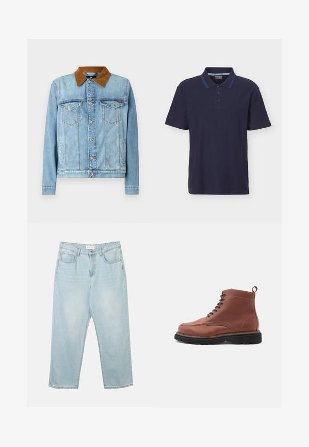 Lyseblå denimjakke med brunt fløjlskrage, to brystlommer, knaplukning og lange ærmer. Let falmet struktur.; Marineblå kortærmet poloshirt med tre-knaps slidse og kontrastfarvet blå stribe på kraven.; Lys blå denim jeans med en afslappet pasform, fem lommer, en knaplukning og subtil fadeeffekt. Teksturen er glat og lidt slidt.; Brune læder ankelstøvler med rund tå, snørebånd foran og struktureret overflade, der har en pull-tab og en robust sort sål.