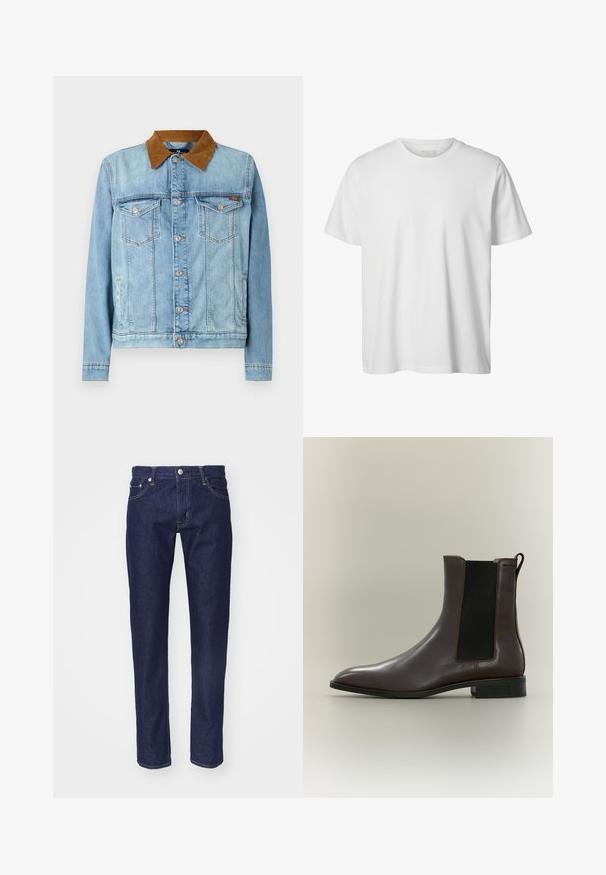 Veste en denim bleu clair avec un col en velours cordé marron, deux poches poitrine, fermeture à boutons et manches longues. Texture légèrement délavée.; T-shirt blanc uni à manches courtes, col rond, coupe décontractée, sans logos ni motifs visibles à l'avant.; Jean en denim bleu marine avec une coupe droite, une conception à cinq poches, des coutures orange contrastées et une fermeture à bouton en métal argenté à la taille.; Botte Chelsea en cuir marron foncé avec panneau latéral élastique noir et talon bas noir sur fond clair uni.