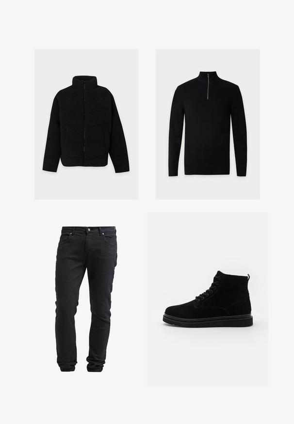 Veste polaire noire avec fermeture éclair frontale complète, col montant, manches longues et poches latérales, présentée sur un fond clair uni.; Pull noir côtelé à manches longues avec un col montant à fermeture éclair partielle, présenté à plat sur un fond uni.; Jeans noirs ajustés avec fermeture à bouton et à glissière, cinq poches et poignets élastiques aux chevilles.; Bottines en suède noir, à bout rond, avec un design à lacets et une languette. Elles disposent d'une semelle en caoutchouc noir contrastant et de détails de couture subtils.