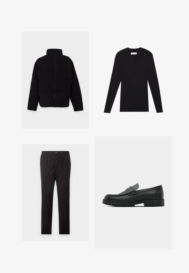 Veste polaire noire avec fermeture éclair frontale complète, col montant, manches longues et poches latérales, présentée sur un fond clair uni.; Pier One by Zalando MUSCLE FIT KNITJUMPER - Pullover - black; Pantalon formel noir avec fermeture par bouton et zip, poches latérales et coupe droite et ajustée.; Mocassins en cuir noir à bout arrondi, avec un design cousu, une semelle plateforme basse et une semelle en caoutchouc texturée et crantée.