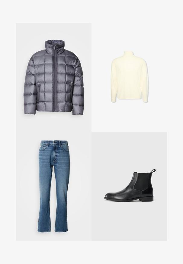 Grå dunjakke med høj krave og frontlynlås, der har to lynlåslommer i siden og et kviltet firkantet mønster.; Kremfarvet langærmet højhalset sweater med ribbet manchetter og et diskret logo på brystet, vist på en ensfarvet hvid baggrund.; Lyseblå denim jeans med lige pasform og let flare. Har fem lommer, knaplukning og subtile slidte detaljer.; Sorte læder ankelstøvler med elastiske sidepaneler, rund tå og en trækloft. Glat tekstur, flad sål, minimalistisk design.