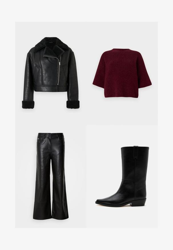 Sort cropped jakke i kunstlæder med shearling krave og manchetter, skrå lynlås foran og to skrå sidelommer.; Bourgognefarvet sweater med løs pasform, korte ærmer, rund halsudskæring og et blødt, tekstureret stof. Enkel design uden pynt.; Sorte læder bukser med bredde ben og en glat tekstur, der har en frontknaplukning, to sidelommer og minimale syninger.; Sort læder cowboystøvle til midt på læggen med spids tå, lav stablet hæl og trækkestrop øverst mod en ensfarvet baggrund.
