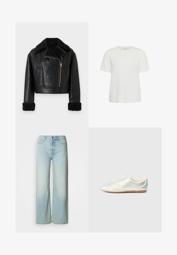 Sort cropped jakke i kunstlæder med shearling krave og manchetter, skrå lynlås foran og to skrå sidelommer.; Enkel hvid t-shirt med korte ærmer og rund hals, med lige kant og uden synlige logoer eller designs, vist på en hvid baggrund.; Lyseblå denim bukser med vide ben i en falmet vask, fem-lomme design og metalknaplukning i taljen. Ren, lige skåret form.; Sølvfarvede syntetiske sneakers med cremefarvede detaljer, lav profil, rundet snude og flad gummisål; har klassiske syninger og snørelukning.