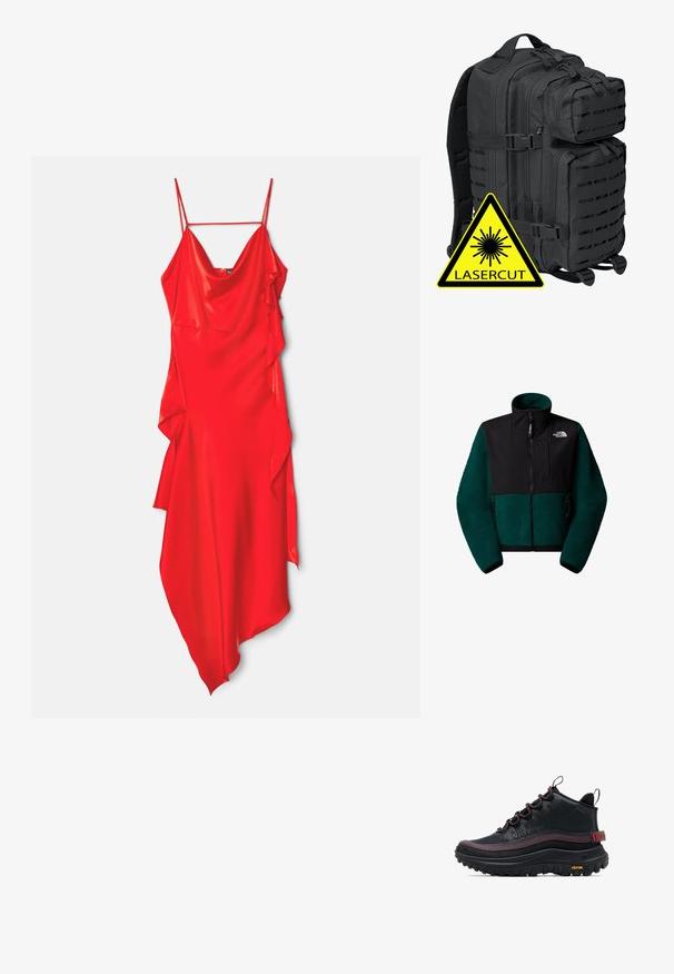 Fleecejakke med en mørkegrøn og sort farveskema, høj krave, frontlynlås og sidelommer med lynlås. Har tekstureret stof og logo-detalje.; David Koma DRESS - Cocktailkjole / festkjole - red; Sort højtop vandrestøvle med rød syning, mønstrede snørebånd, robust Vibram-sål og mærket hæl-etiket.; Brandit BIG COOPER - Rygsække - black