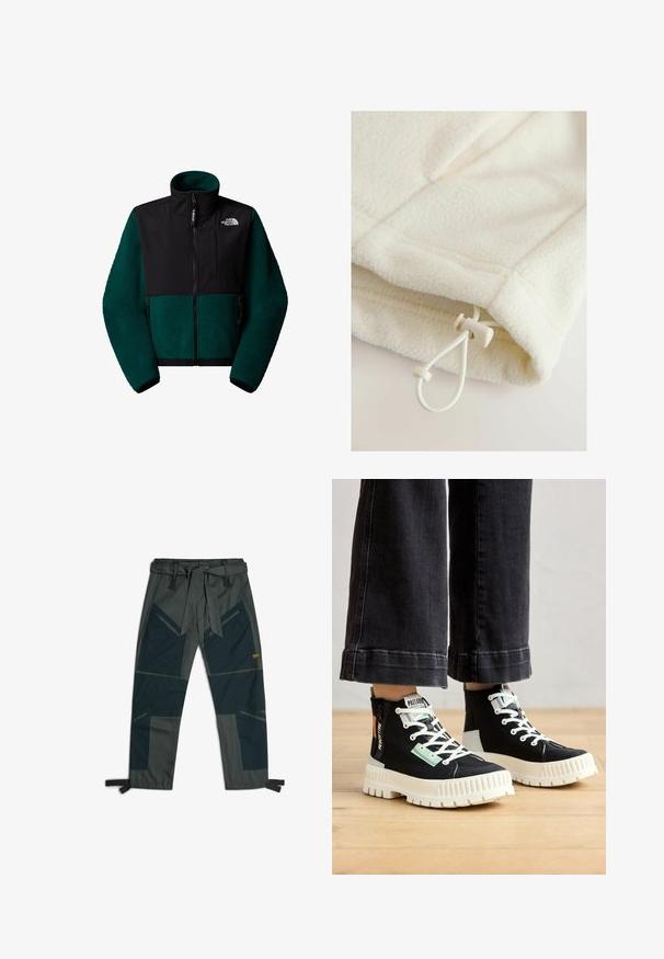 Fleecejack met een donkergroene en zwarte kleurstelling, hoge kraag, voorrits en zijrits zakken. Beschikt over een textuurstof en logo-detail.; Fleece kledingstuk in off-white met een zachte textuur, voorzien van een touwtje met schuifknop voor verstelbaarheid aan de zoom.; Broek met een riem, voorzien van een mix van donkergroene en grijze stoffen, hoekig patchworkontwerp, meerdere zakken en verstelbare enkelbandjes.; Zwarte high-top sneakers met witte rubberen zolen, gestructureerde stof, groene en oranje accenten, en witte veters. Gedetailleerde stiksels aan de zijkanten.