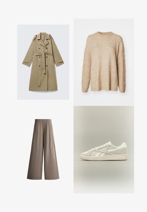 Trench-coat beige longueur genou avec boutons croisés, ceinture, épaulettes et brides aux poignets, posé à plat sur fond blanc.; Pull en tricot beige avec un design en câble texturé, encolure ronde et manches longues. Le tissu semble doux et épais.; Pantalon à jambes larges couleur marron clair avec taille élastique, fabriqué dans un tissu doux et fluide, idéal pour un style décontracté.; Baskets basses Reebok blanc cassé avec lacets à l'avant, semelle texturée et logo Reebok discret sur le côté et au talon sur fond uni.