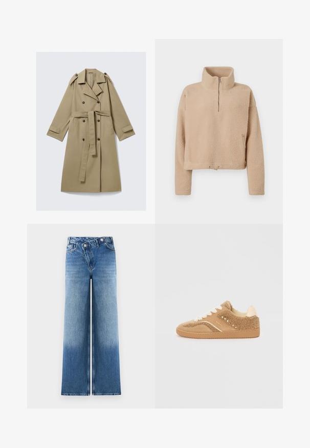 Trench-coat beige longueur genou avec boutons croisés, ceinture, épaulettes et brides aux poignets, posé à plat sur fond blanc.; Pull en fleece beige avec un col montant, fermeture éclair mi-haute à l'avant et épaules tombantes. Il présente un tissu texturé et une taille raccourcie avec un cordon de serrage.; Jean large bleu clair avec un délavage, présentant un design classique à cinq poches et des accents en métal au niveau de la taille.; Basket en suède beige avec une texture douce et des accents crème. Dotée de lacets plats et de petites perforations pour la respirabilité. Semelle en caoutchouc.