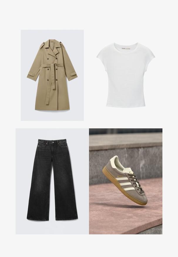 Trench-coat beige longueur genou avec boutons croisés, ceinture, épaulettes et brides aux poignets, posé à plat sur fond blanc.; T-shirt en coton blanc avec manches courtes retroussées, encolure ronde et ourlet droit. Texture lisse sans motifs ni accents visibles.; Jean noir à jambes larges avec cinq poches et fermeture par bouton, présenté à plat sur un fond clair.; Baskets Adidas en suède marron clair avec des rayures blanches et une semelle gomme, suspendues au-dessus de marches en pierre rose en plein air.