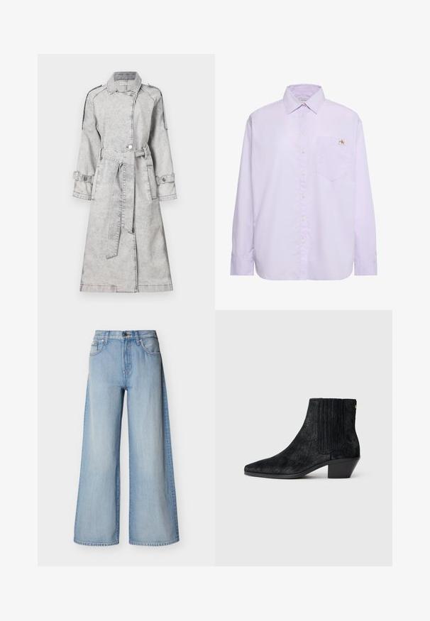 Manteau trench en denim gris avec une taille ceinturée, des manches longues et des détails de boutons. Il présente un col classique et des épaulettes décoratives.; Chemise à manches longues mauve clair avec boutons, poche poitrine gauche et petite étiquette logo Calvin Klein au-dessus de la poche.; Jean large bleu clair en tissu denim, taille haute avec fermeture à bouton, présentant un design classique à cinq poches et des détails cousus.; Bottine noire à bout pointu, en matériau texturé imitant les cheveux, avec un panneau latéral à nervures et un petit talon carré. Un design simple et moderne.