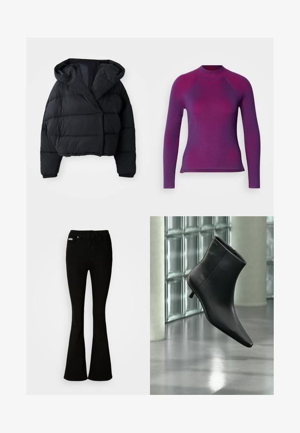 Sort pufferjakke med cropped design, der har hætte, quiltet tekstur og elastiske manchetter. Minimalistisk stil og letvægtsmateriale.; Ribbet langærmet bluse i mørkelilla med lysere lilla striber. Høj halsudskæring og splittet kantdesign for nem bevægelse.; Sorte bukser med flare, der har en tætsiddende talje, lavet af blødt denim. Har to forlommer og en klassisk knap- og lynlåslukning.; Sort læderankelstøvle med spids tå og lav kitten-hæ, vist vinklet mod en poleret gulv- og glasblokvæg.