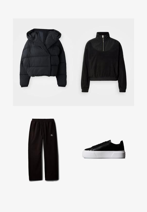 Zwarte gewatteerde jas met een cropped ontwerp, voorzien van een capuchon, een gewatteerde textuur en elastische cuffs. Minimalistische stijl en lichtgewicht materiaal.; Zwart half-zip sweatshirt met hoge kraag, lange mouwen, elastische boorden en zijzakken, weergegeven tegen een effen witte achtergrond.; Zwarte wijde broek met elastische tailleband en zijzakken, met een klein Calvin Klein logo-patch op de rechterdij.; Zwarte lage sneaker met dikke witte plateauzool en zwarte veters, zijaanzicht op een witte achtergrond.