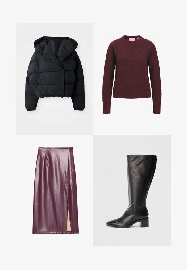 Sort pufferjakke med cropped design, der har hætte, quiltet tekstur og elastiske manchetter. Minimalistisk stil og letvægtsmateriale.; Langærmet vinrød strikket trøje med tekstureret mønster, rund halsudskæring, ribstrikkede manchetter og kant, vist mod en hvid baggrund.; Bordeaux farvet faux læder blyantskirt med slidser i siden, glat tekstur og sømdetaljer, der har en tætsiddende silhuet og knælangt design.; Sorte læderknæhøje støvler med firkantet tå, blokhæle og et stilrent design. Glat tekstur med en sideskift for nem påtagning.