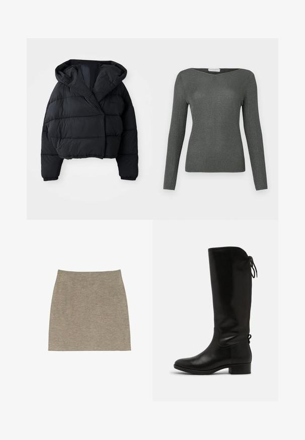 Schwarze Pufferjacke mit einem taillierten Design, ausgestattet mit einer Kapuze, gestepptem Material und elastischen Bündchen. Minimalistischer Stil und leichtes Material.; Langärmliges, geripptes Oberteil in Dunkelgrau mit einem subtilen Schimmer, ausgestattet mit einem weiten Bootsausschnitt und einer figurbetonten Silhouette.; Minirock aus Baumwollmischung in einem sanften Beigeton. Glatte Textur, figurbetonte Silhouette und ein einfacher, elastischer Bund. Keine sichtbaren Muster.; Knöchelhoche schwarze Lederstiefel mit runder Zehenform und niedrigem Blockabsatz. Verstellbare Schnürung hinten. Glatte Textur, minimales Design.