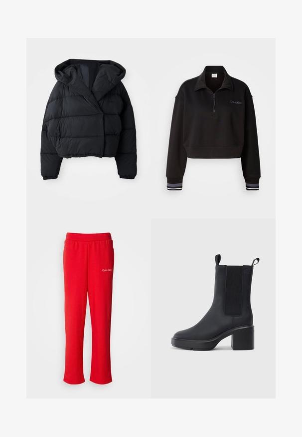 Sort pufferjakke med cropped design, der har hætte, quiltet tekstur og elastiske manchetter. Minimalistisk stil og letvægtsmateriale.; Sort cropped sweatshirt med en lynlåslukning og høj krave, der har Calvin Klein-branding og stribede manchetter i hvid og grå. Lavet af blødt materiale.; Røde bomulds-sweatpants med elastisk talje og afslappet pasform. Har et lille hvidt "Calvin Klein" logo nederst til venstre.; Sorte ankelstøvler i glat gummimateriale, med elastiske sidepaneler, blokhæle og trækskilt øverst for nem påtagning.