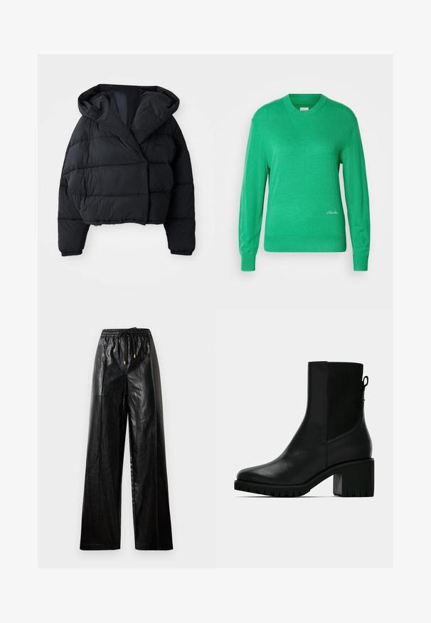 Schwarze Pufferjacke mit einem taillierten Design, ausgestattet mit einer Kapuze, gestepptem Material und elastischen Bündchen. Minimalistischer Stil und leichtes Material.; Grüner Strickpullover mit Rundhalsausschnitt, langen Ärmeln und gerippten Bündchen. Verfügt über ein kleines weißes Logo auf der linken Seite in der Nähe des Saums.; Schwarze Leder-Hosen mit weitem Beinschnitt, elastischem Taillenbund, Kordelzug und goldenen Hardware-Akzenten. Glatte Textur und lockerer Schnitt.; Schwarzer Leder-Stiefelette mit geripptem elastischem Seitenteil, Blockabsatz und strukturiertem Sohlenprofil für besseren Halt. Glatte Oberfläche mit minimaler Hardware.
