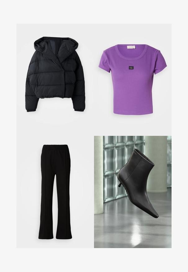 Sort pufferjakke med cropped design, der har hætte, quiltet tekstur og elastiske manchetter. Minimalistisk stil og letvægtsmateriale.; Lilla ribbet kortærmet t-shirt med rund halsudskæring og et lille sort Calvin Klein-logo på brystet. Blød tekstur.; Sorte elastiske bukser med en flagrende design, der har rene linjer og ingen synlige pynt. Lavet af et glat, strækbart stof.; Sort læderankelstøvle med spids tå og lille hæl vist mod en væg af glasblokke og poleret gulv baggrund.