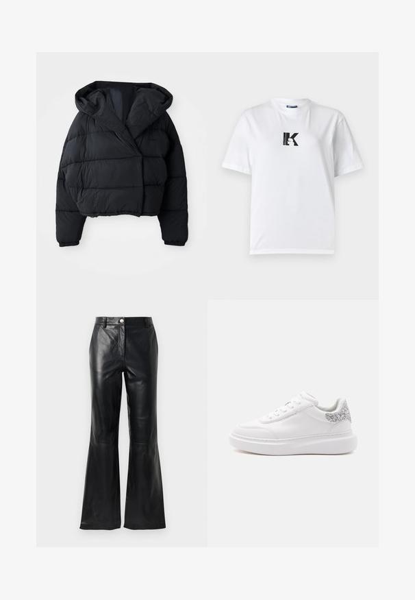 Chaqueta acolchada negra con un diseño corto, que presenta una capucha, textura acolchada y puños elásticos. Estilo minimalista y material ligero.; Karl Lagerfeld Jeans LOGO TEE - Camiseta básica - white; Pantalones de imitación cuero negro con una cintura alta, cierre de botón, presillas para cinturón y piernas acampanadas sobre un fondo blanco.; Zapatilla blanca de caña baja con suela gruesa y detalle de purpurina plateada en el talón, lateral con el nombre de la marca en relieve.
