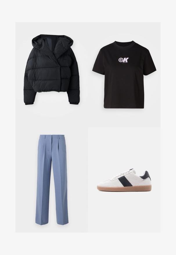 Sort pufferjakke med cropped design, der har hætte, quiltet tekstur og elastiske manchetter. Minimalistisk stil og letvægtsmateriale.; Sort bomulds t-shirt med rund halsudskæring og korte ærmer. Har et hvidt og lyserødt "CK" logo på den øverste venstre brystregion.; Lyseblå plisserede bukser med et skræddersyet snit, lavet af et glat stof. Har lige ben og en taljebånd i midten.; Hvid ruskindssneaker med lysebrun gummisål og sort læderstribe og hælfane, vist fra siden på en hvid baggrund.