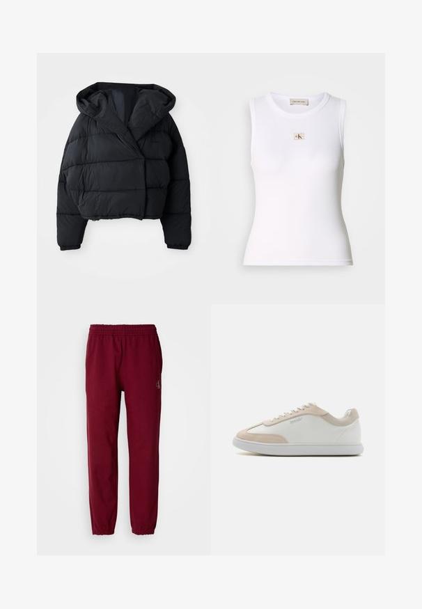 Zwarte gewatteerde jas met een cropped ontwerp, voorzien van een capuchon, een gewatteerde textuur en elastische cuffs. Minimalistische stijl en lichtgewicht materiaal.; Wit geribd mouwloos tanktop met Calvin Klein Jeans-label op de borst en binnenhalslabel.; Bordeaux sweatpants met een elastische tailleband en enkelmanchetten. Heeft een klein geborduurd logo op het linkerbeen. Gemaakt van een zachte stof.; Witte leren sneakers met beige suède accenten en witte veters. Beschikt over een ronde neus en een gevoerde zool voor comfort.